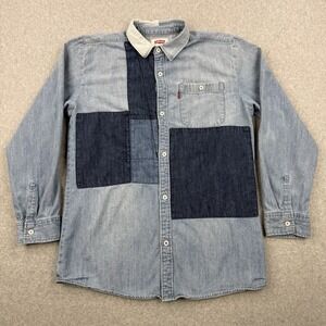 Levis Shirt Boys Youth 13-15 XL Blue Denim Patchwork Long Sleeve Button Up